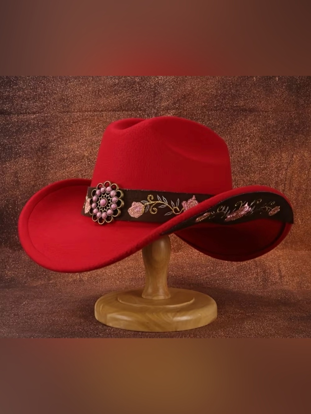Red Embroidered Western Felt Hat with Floral Band